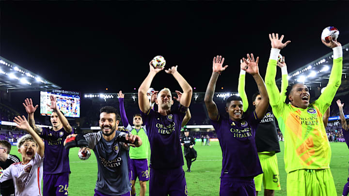 Nov 9, 2024; Orlando, Florida, USA; The Orlando City celebrate defeating the Charlotte FC in a 2024 MLS Cup Playoffs Round One match at Inter&Co Stadium. Mandatory Credit: Kim Klement Neitzel-Imagn Images