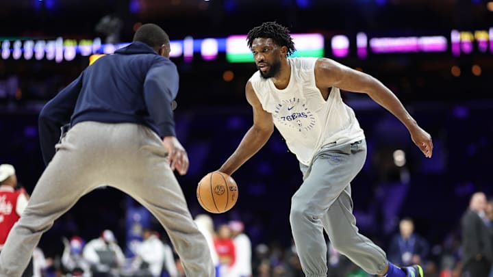 Jan 29, 2025; Philadelphia, Pennsylvania, USA; Philadelphia 76ers Joel Embiid practices before his team takes the court for a game against the Sacramento Kings at Wells Fargo Center. Mandatory Credit: Bill Streicher-Imagn Images