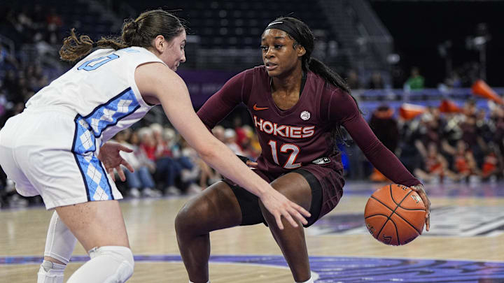 Mar 6, 2026; Duluth, Ga.; Virginia Tech guard Samyha Suffren (12) dribbles against North Carolina guard Lanie Grant (0).