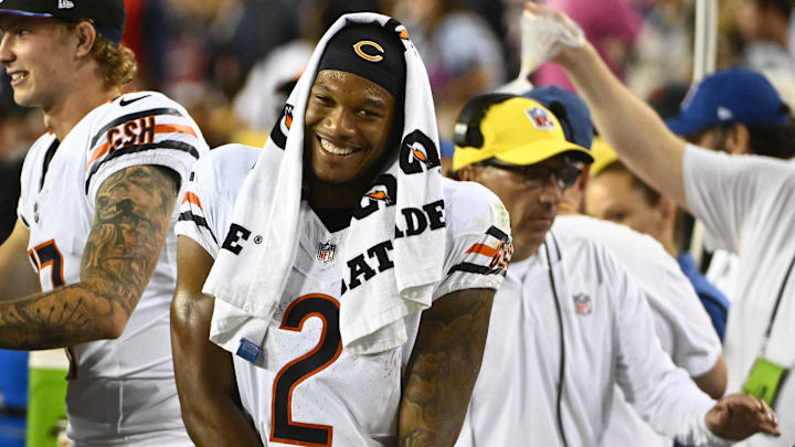 DJ Moore has a few laughs in 2023 at FedEx Field in a game when he caught eight passes for 230 yards in a 40-20 Bears win.