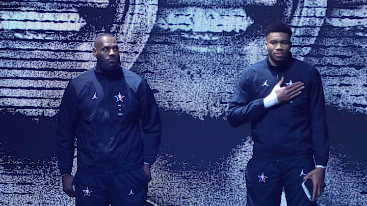 Feb 19, 2023; Salt Lake City, UT, USA; Team Lebron captain Lebron James (left) and Team Giannis captain Giannis Antetokoumpo (right) before the 2023 NBA All-Star Game at Vivint Arena. Mandatory Credit: Kirby Lee-Imagn Images Feb 19, 2023; Salt Lake City, UT, USA; Team Lebron captain Lebron James (left) and Team Giannis captain Giannis Antetokoumpo (right) before the 2023 NBA All-Star Game at Vivint Arena. Mandatory Credit: Kirby Lee-Imagn Images