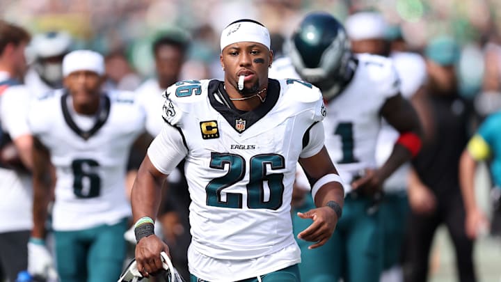 Sep 21, 2025; Philadelphia, Pennsylvania, USA; Philadelphia Eagles running back Saquon Barkley (26) leaves the field against the Los Angeles Rams after the first half at Lincoln Financial Field. Mandatory Credit: Bill Streicher-Imagn Images Sep 21, 2025; Philadelphia, Pennsylvania, USA; Philadelphia Eagles running back Saquon Barkley (26) leaves the field against the Los Angeles Rams after the first half at Lincoln Financial Field. Mandatory Credit: Bill Streicher-Imagn Images