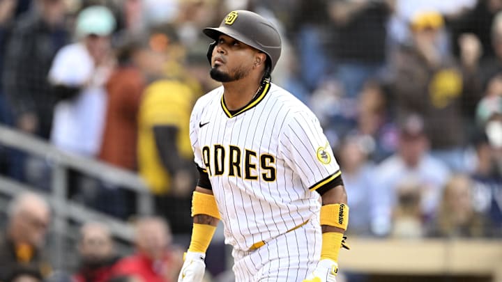 Apr 2, 2025; San Diego, California, USA; San Diego Padres first baseman Luis Arraez (4) reacts after hitting a solo home run during the seventh inning against the Cleveland Guardians at Petco Park. Mandatory Credit: Denis Poroy-Imagn Images Apr 2, 2025; San Diego, California, USA; San Diego Padres first baseman Luis Arraez (4) reacts after hitting a solo home run during the seventh inning against the Cleveland Guardians at Petco Park. Mandatory Credit: Denis Poroy-Imagn Images