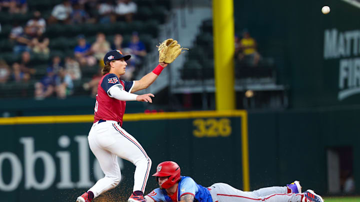Jul 13, 2024; Arlington, TX, USA;  National League Future  outfielder Dylan Crews (3) steals second base ahead of the tag by American League Future  infielder Luke Keaschall (16) during the fifth inning during the Major league All-Star Futures game at Globe Life Field.  Mandatory Credit: Kevin Jairaj-Imagn Images