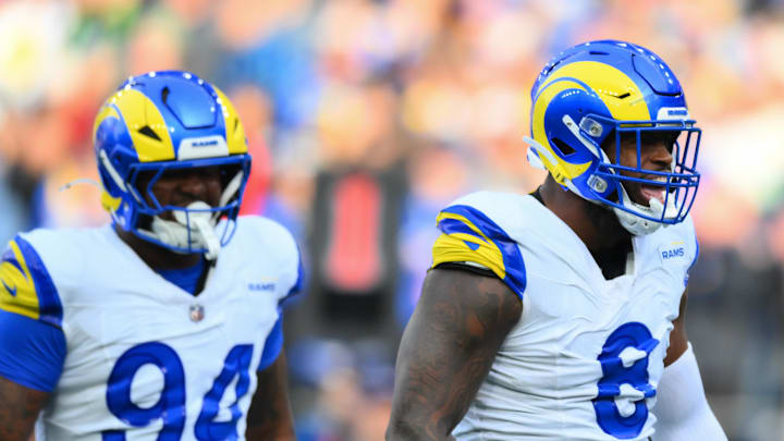 Nov 3, 2024; Seattle, Washington, USA; Los Angeles Rams linebacker Jared Verse (8) celebrates after sacking Seattle Seahawks quarterback Geno Smith (7) (not pictured) during the first half at Lumen Field. Mandatory Credit: Steven Bisig-Imagn Images