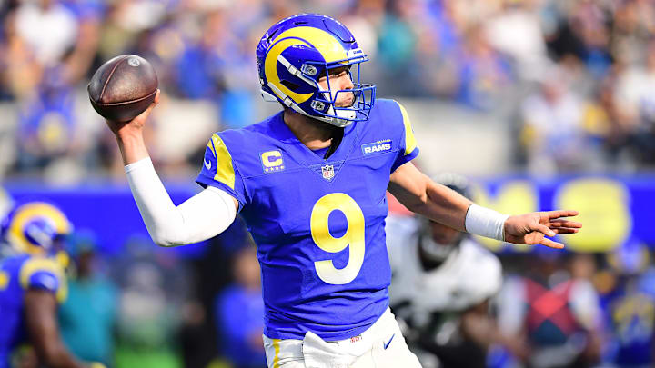 Dec 5, 2021; Inglewood, California, USA; Los Angeles Rams quarterback Matthew Stafford (9) throws against the Jacksonville Jaguars during the first half at SoFi Stadium. Mandatory Credit: Gary A. Vasquez-Imagn Images