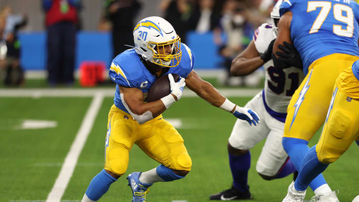 Dec 23, 2023; Inglewood, California, USA; Los Angeles Chargers running back Austin Ekeler (30) runs Dec 23, 2023; Inglewood, California, USA; Los Angeles Chargers running back Austin Ekeler (30) runs