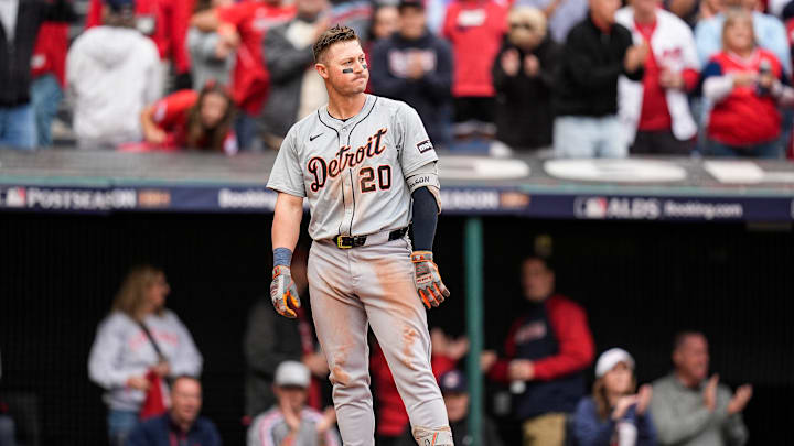 Detroit Tigers first baseman Spencer Torkelson (20) reacts after struck out against Cleveland Guardians during the seventh inning at Game 5 of ALDS at Progressive Field in Cleveland, Ohio on Saturday, Oct. 12, 2024.