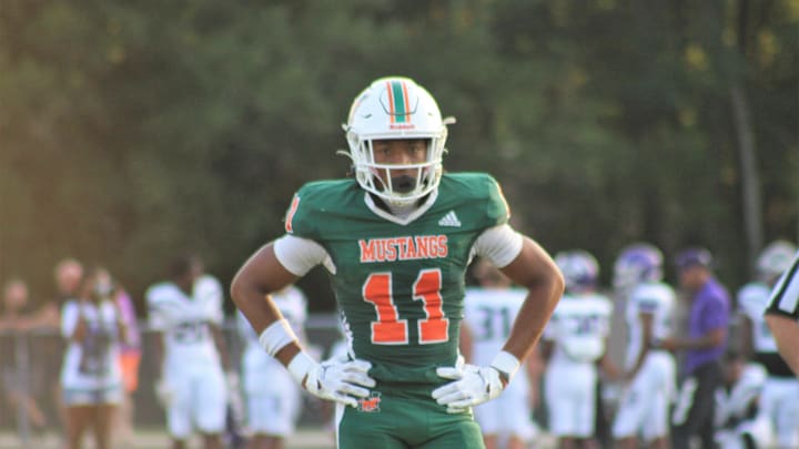 Four-star safety Drake Stubbs waits for a play during the first half of Mandarin's victory against Fletcher.
