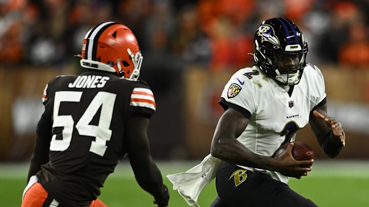 Dec 17, 2022; Cleveland, Ohio, USA; Baltimore Ravens quarterback Tyler Huntley (2) scrambles from