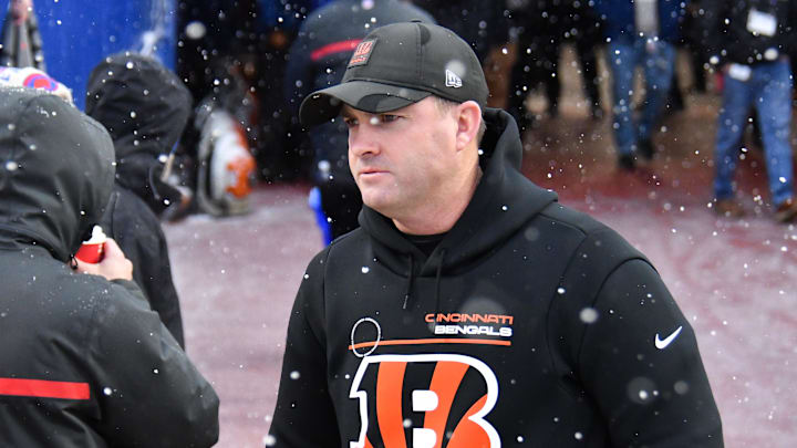 Dec 7, 2025; Orchard Park, New York, USA; Cincinnati Bengals head coach Zac Taylor looks on before the game against the Buffalo Bills at Highmark Stadium. Mandatory Credit: Mark Konezny-Imagn Images