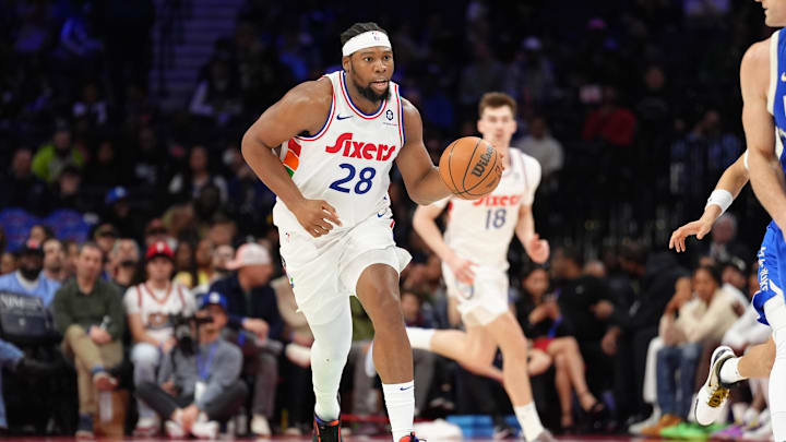 Apr 3, 2025; Philadelphia, Pennsylvania, USA; Philadelphia 76ers forward Guerschon Yabusele (28) controls the ball against the Milwaukee Bucks in the fourth quarter at Wells Fargo Center. Mandatory Credit: Kyle Ross-Imagn Images