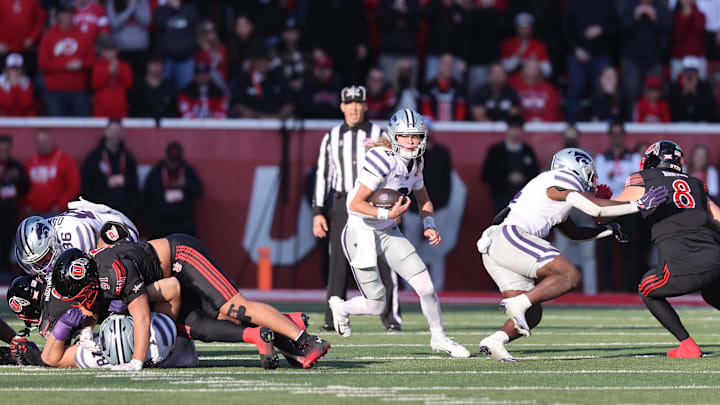 Kansas State Wildcats quarterback Avery Johnson runs the ball against the Utah Utes. Mandatory Credit: Rob Gray-Imagn Images
