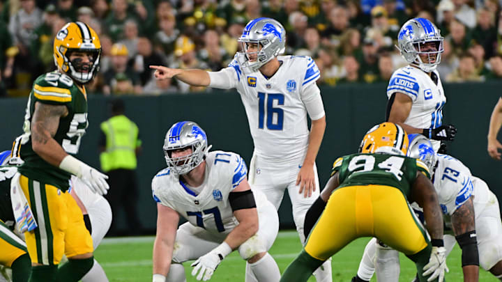 Detroit Lions quarterback Jared Goff (16) shouts instructions against the Green Bay Packers last season.