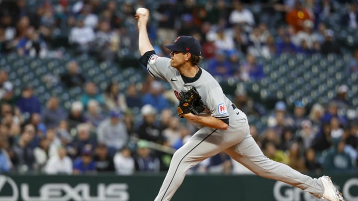 Apr 2, 2024; Seattle, Washington, USA; Cleveland Guardians starting pitcher Shane Bieber (57) throws against the Seattle Mariners during the first inning at T-Mobile Park.
