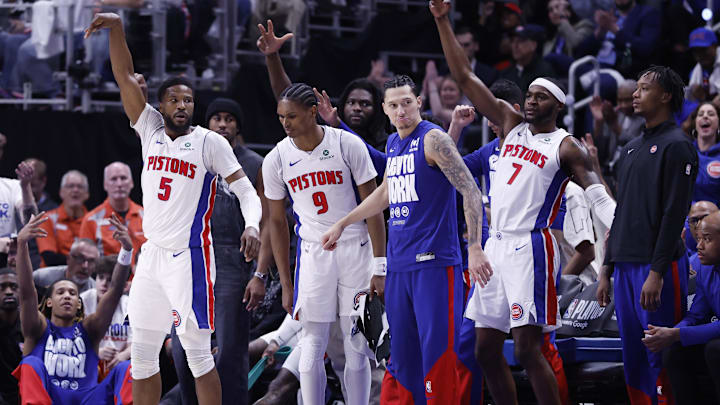 May 1, 2025; Detroit, Michigan, USA; Detroit Pistons guard Malik Beasley (5) celebrates a three point basket in the first half against the New York Knicks during game six of first round for the 2024 NBA Playoffs at Little Caesars Arena. Mandatory Credit: Rick Osentoski-Imagn Images