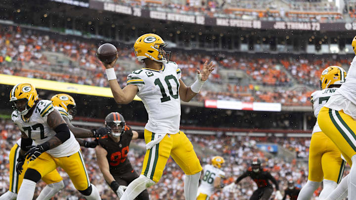 Sep 21, 2025; Cleveland, Ohio, USA; Green Bay Packers quarterback Jordan Love (10) throws the ball from the end zone against the Cleveland Browns during the fourth quarter at Huntington Bank Field. Mandatory Credit: Scott Galvin-Imagn Images