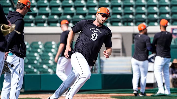 Detroit Tigers outfielder Austin Slater practices during spring training at TigerTown in Lakeland, Fla. on Sunday, Feb. 15, 2026.