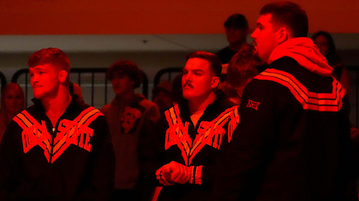 Oklahoma State's Wyatt Hendrickson watches player introductions during the college wrestling dual between Oklahoma State and Air Force at Gallagher-Iba Arena in Stillwater, Okla., Friday, Jan., 3, 2025. Oklahoma State's Wyatt Hendrickson watches player introductions during the college wrestling dual between Oklahoma State and Air Force at Gallagher-Iba Arena in Stillwater, Okla., Friday, Jan., 3, 2025.