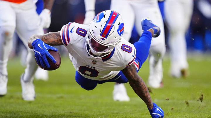 Jan 17, 2026; Denver, CO, USA; Buffalo Bills wide receiver Keon Coleman (0) scores a touchdown during the third quarter of an AFC Divisional Round playoff game against the Denver Broncos at Empower Field at Mile High. Mandatory Credit: Ron Chenoy-Imagn Images Jan 17, 2026; Denver, CO, USA; Buffalo Bills wide receiver Keon Coleman (0) scores a touchdown during the third quarter of an AFC Divisional Round playoff game against the Denver Broncos at Empower Field at Mile High. Mandatory Credit: Ron Chenoy-Imagn Images