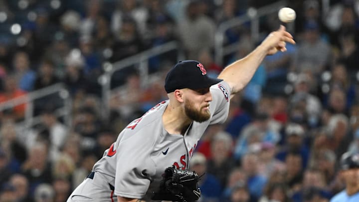 Sep 24, 2025; Toronto, Ontario, CAN;  Boston Red Sox starting pitcher Garrett Crochet (35) delivers a pitch against the Toronto Blue Jays in the first inning at Rogers Centre. Mandatory Credit: Dan Hamilton-Imagn Images