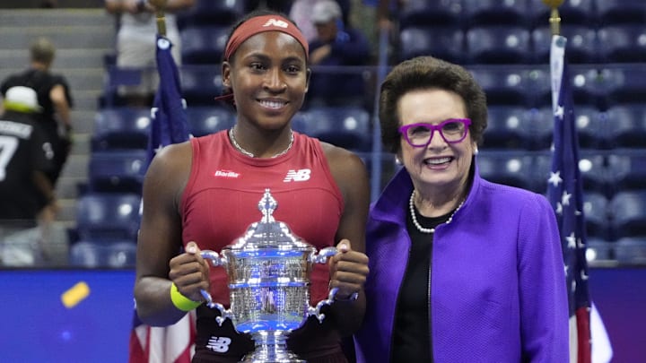 Sep 9, 2023; Flushing, NY, USA; Coco Gauff of the United States celebrates with the championship trophy next to tennis hall of fame member Billie Jean King (R) after her match against Aryna Sabalenka (not pictured) in the women's singles final on day thirteen of the 2023 U.S. Open tennis tournament at USTA Billie Jean King Tennis Center. Sep 9, 2023; Flushing, NY, USA; Coco Gauff of the United States celebrates with the championship trophy next to tennis hall of fame member Billie Jean King (R) after her match against Aryna Sabalenka (not pictured) in the women's singles final on day thirteen of the 2023 U.S. Open tennis tournament at USTA Billie Jean King Tennis Center.