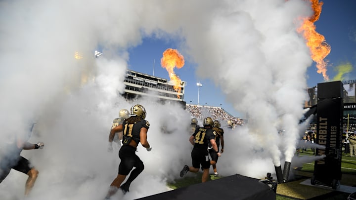 Oct 18, 2025; Nashville, Tennessee, USA; Vanderbilt Commodores players take to the field against the Louisiana State Tigers during the first half at FirstBank Stadium. Mandatory Credit: Steve Roberts-Imagn Images Oct 18, 2025; Nashville, Tennessee, USA; Vanderbilt Commodores players take to the field against the Louisiana State Tigers during the first half at FirstBank Stadium. Mandatory Credit: Steve Roberts-Imagn Images