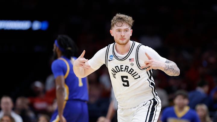 Vanderbilt Commodores forward Tyler Nickel (5) celebrates after making a 3-pointer during a first-round game in the NCAA men's basketball tournament between McNeese and Vanderbilt at Paycom Center in Oklahoma City, Thursday, March 19, 2026.