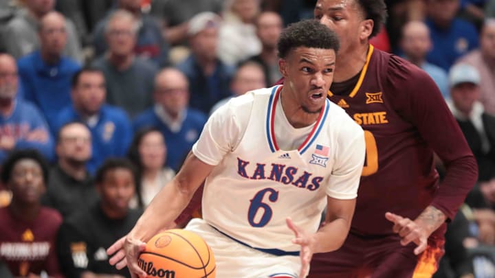 Kansas Jayhawks guard Rylan Griffen (6) pushes through the lane against Arizona State Sun Devils in the first half of the game inside Allen Fieldhouse Wednesday, Jan. 8, 2025.