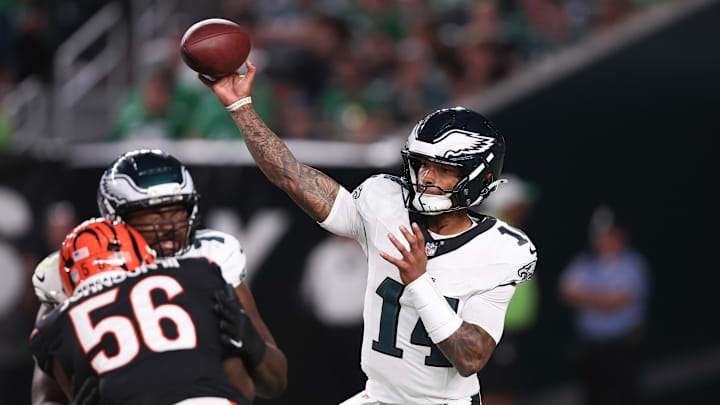 Aug 7, 2025; Philadelphia, Pennsylvania, USA; Philadelphia Eagles quarterback Dorian Thompson-Robinson (14) passes the ball against the Cincinnati Bengals during the third quarter at Lincoln Financial Field. Mandatory Credit: Bill Streicher-Imagn Images