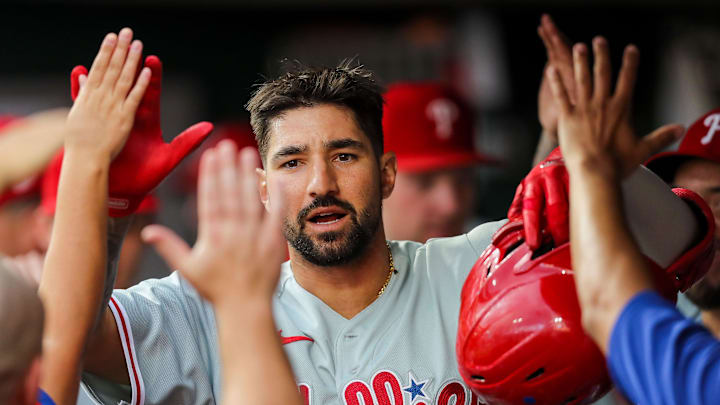 Aug 16, 2022; Cincinnati, Ohio, USA; Philadelphia Phillies right fielder Nick Castellanos (8) high