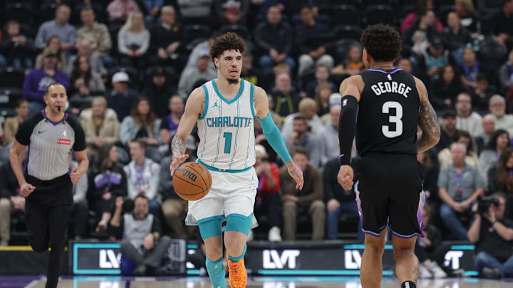 Jan 15, 2025; Salt Lake City, Utah, USA;  Charlotte Hornets guard LaMelo Ball (1) dribbles against the Utah Jazz during the first quarter at Delta Center. Mandatory Credit: Chris Nicoll-Imagn Images