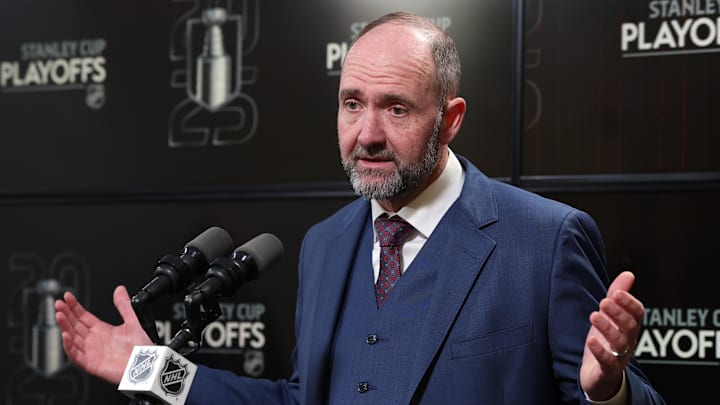 May 9, 2025; Winnipeg, Manitoba, CAN; Dallas Stars head coach Pete DeBoer talks to media after their loss to the Winnipeg Jets in game two of the second round of the 2025 Stanley Cup Playoffs at Canada Life Centre. Mandatory Credit: James Carey Lauder-Imagn Images