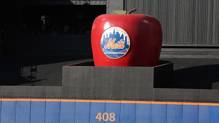 Oct 9, 2024; New York, New York, USA; A view of the big apple in center field before game four of the NLDS for the 2024 MLB Playoffs between the Philadelphia Phillies and New York Mets at Citi Field. Mandatory Credit: Brad Penner-Imagn Images