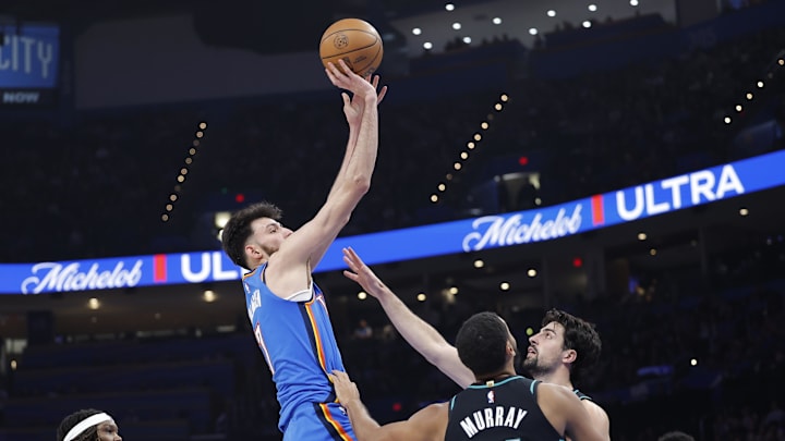 Dec 31, 2025; Oklahoma City, Oklahoma, USA; Oklahoma City Thunder center Chet Holmgren (7) shoots against the Portland Trail Blazers during the second half at Paycom Center. Mandatory Credit: Alonzo Adams-Imagn Images