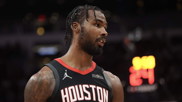 Mar 14, 2025; Houston, Texas, USA; Houston Rockets forward Tari Eason (17) reacts while playing against the Dallas Mavericks in the second half at Toyota Center. Mandatory Credit: Thomas Shea-Imagn Images