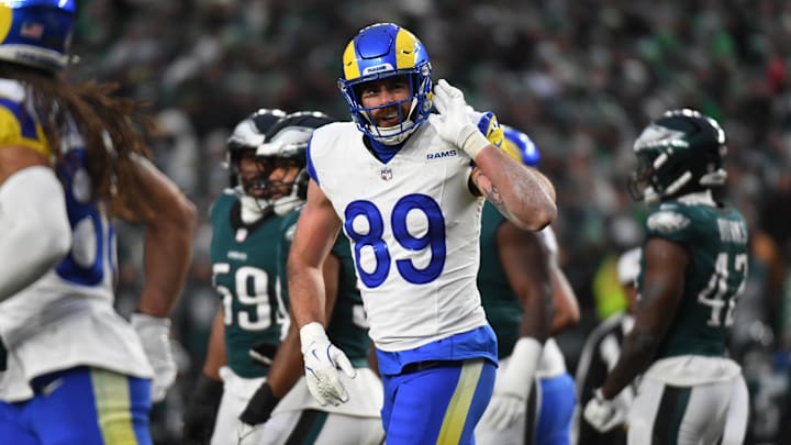 Jan 19, 2025; Philadelphia, Pennsylvania, USA; Los Angeles Rams tight end Tyler Higbee (89) celebrates after scoring a touchdown against the Philadelphia Eagles in a 2025 NFC divisional round game at Lincoln Financial Field. Mandatory Credit: Eric Hartline-Imagn Images