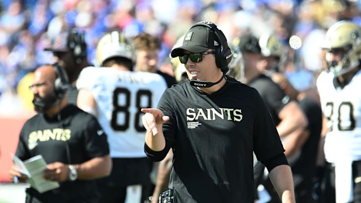 Sep 28, 2025; Orchard Park, New York, USA; New Orleans Saints head coach Kellen Moore on the sidelines during the second quarter against the Buffalo Bills at Highmark Stadium. Mandatory Credit: Mark Konezny-Imagn Images Sep 28, 2025; Orchard Park, New York, USA; New Orleans Saints head coach Kellen Moore on the sidelines during the second quarter against the Buffalo Bills at Highmark Stadium. Mandatory Credit: Mark Konezny-Imagn Images