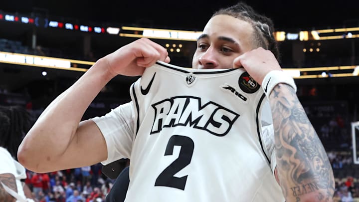 VCU Rams forward Jadrian Tracey celebrates after defeating the Dayton Flyers in the Atlantic 10 championship game.