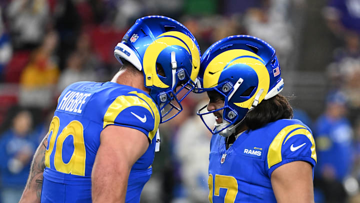 Los Angeles Rams tight end Tyler Higbee (L) and wide receiver Puka Nacua (R) Los Angeles Rams tight end Tyler Higbee (L) and wide receiver Puka Nacua (R)