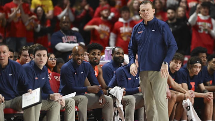 Feb 17, 2024; College Park, Maryland, USA;  Illinois Fighting Illini head coach Brad Underwood looks
