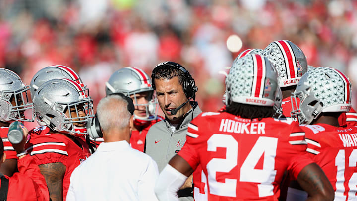 Oct 8, 2016; Columbus, OH, USA;  Ohio State Buckeyes defensive coordinator Luke Fickel coaches against the Indiana Hoosiers at Ohio Stadium. Ohio State won the game 38-17.  Mandatory Credit: Joe Maiorana-Imagn Images