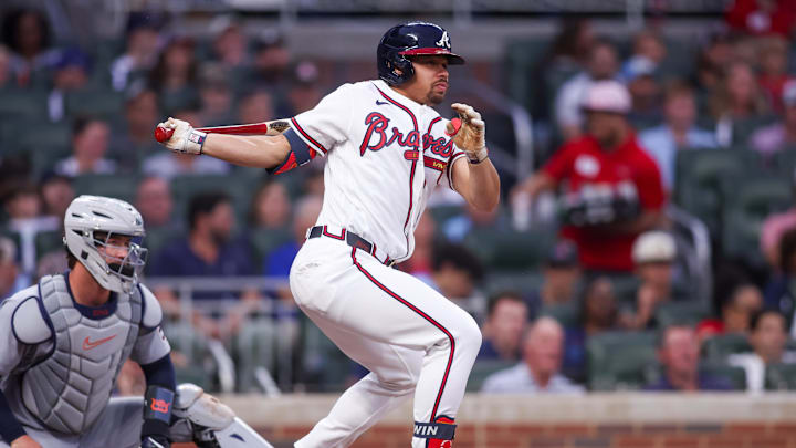 Apr 29, 2026; Atlanta, Georgia, USA; Atlanta Braves designated hitter Drake Baldwin (30) hits a single against the Detroit Tigers in the third inning at Truist Park. Mandatory Credit: Brett Davis-Imagn Images

