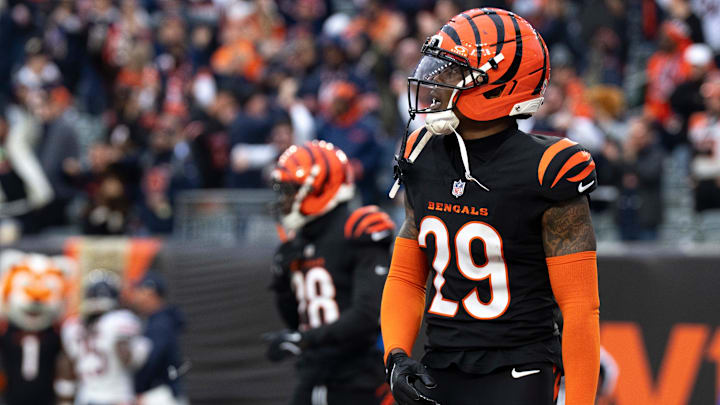 Cincinnati Bengals cornerback Cam Taylor-Britt (29) reacts to Chicago Bears tight end Colston Loveland (84) scoring a go ahead touchdown in the fourth quarter of the NFL football game between Chicago Bears and Cincinnati Bengals at Paycor Stadium in Cincinnati on Nov. 2, 2025.