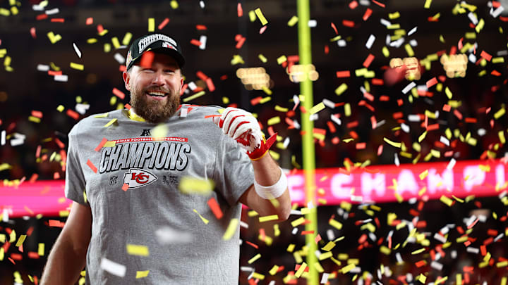 Jan 26, 2025; Kansas City, MO, USA; Kansas City Chiefs tight end Travis Kelce (87) reacts on stage after the AFC Championship game against the Buffalo Bills at GEHA Field at Arrowhead Stadium. Mandatory Credit: Mark J. Rebilas-Imagn Images