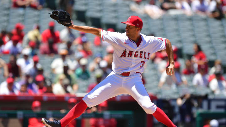 Los Angeles Angels pitcher Tyler Anderson (31) throws against the Detroit Tigers during the second inning at Angel Stadium in 2024.