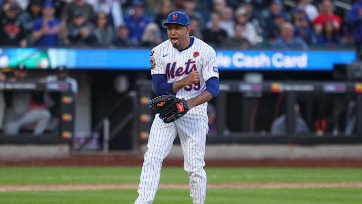 May 26, 2025; New York City, New York, USA; New York Mets relief pitcher Edwin Diaz (39) reacts after recording a strike out to end the top of the ninth inning against the Chicago White Sox at Citi Field. Mandatory Credit: Vincent Carchietta-Imagn Images