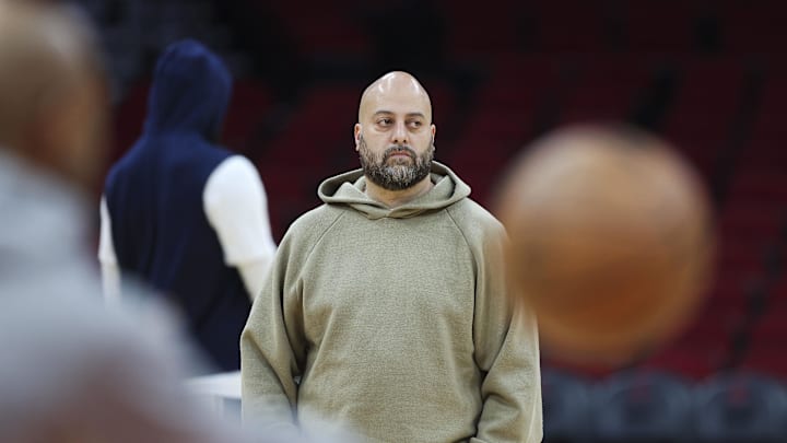 Mar 19, 2023; Houston, Texas, USA; Houston Rockets general manager Rafael Stone watches during practice before the game against the New Orleans Pelicans at Toyota Center. Mandatory Credit: Troy Taormina-Imagn Images
