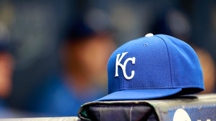 Aug 30, 2015; St. Petersburg, FL, USA; Kansas City Royals hat lays in the dugout against the Tampa Bay Rays at Tropicana Field. Mandatory Credit: Kim Klement-Imagn Images