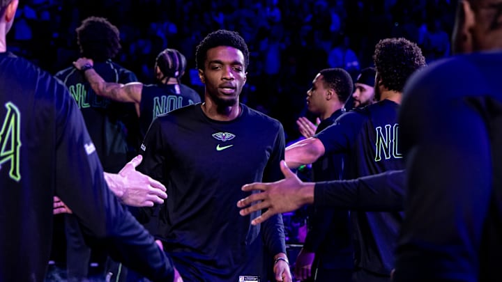 Apr 14, 2024; New Orleans, Louisiana, USA;New Orleans Pelicans forward Herbert Jones (5) is announced to the fans before the first half against the Los Angeles Lakers at Smoothie King Center. Mandatory Credit: Stephen Lew-Imagn Images Apr 14, 2024; New Orleans, Louisiana, USA;New Orleans Pelicans forward Herbert Jones (5) is announced to the fans before the first half against the Los Angeles Lakers at Smoothie King Center. Mandatory Credit: Stephen Lew-Imagn Images